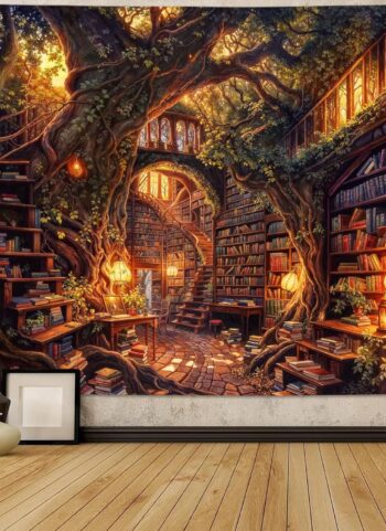 Accnicc Forest Library Tapestry Tree Bookshelf Tapestries Wall Hanging Vintage Fantasy Fairy Treehouse Book Large Tapestry for Bedroom Living Room Dorm Classroom 80 x 60 inch