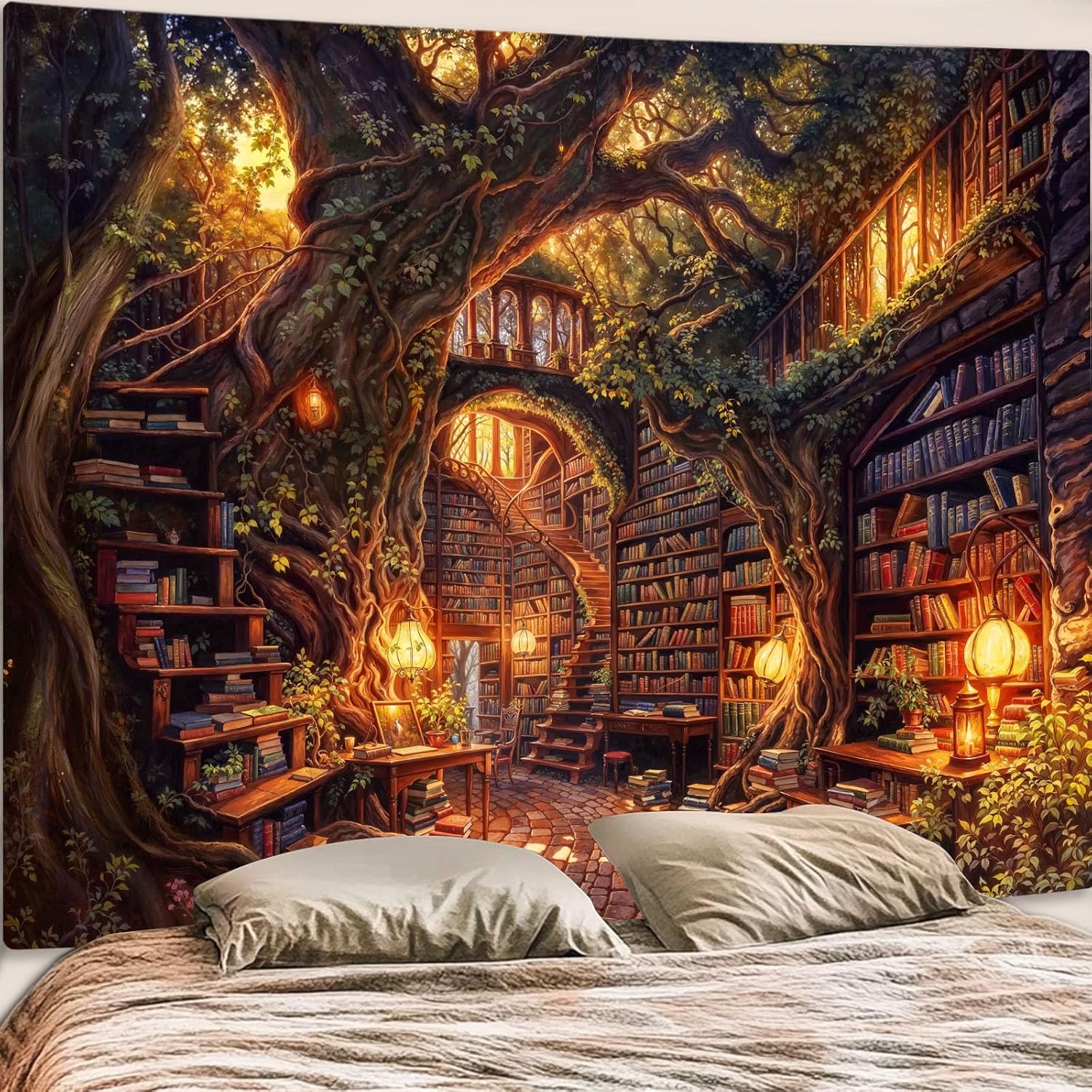Accnicc Forest Library Tapestry Tree Bookshelf Tapestries Wall Hanging Vintage Fantasy Fairy Treehouse Book Large Tapestry for Bedroom Living Room Dorm Classroom 80 x 60 inch - Image 2