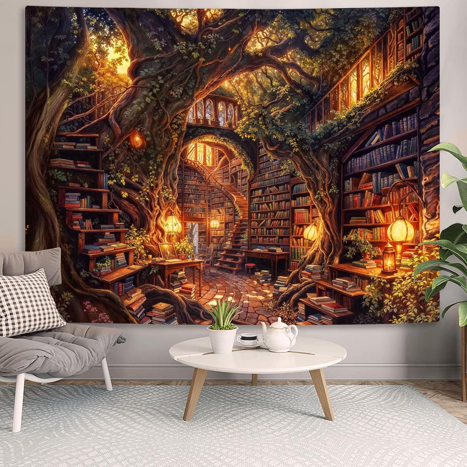 Accnicc Forest Library Tapestry Tree Bookshelf Tapestries Wall Hanging Vintage Fantasy Fairy Treehouse Book Large Tapestry for Bedroom Living Room Dorm Classroom 80 x 60 inch - Image 4