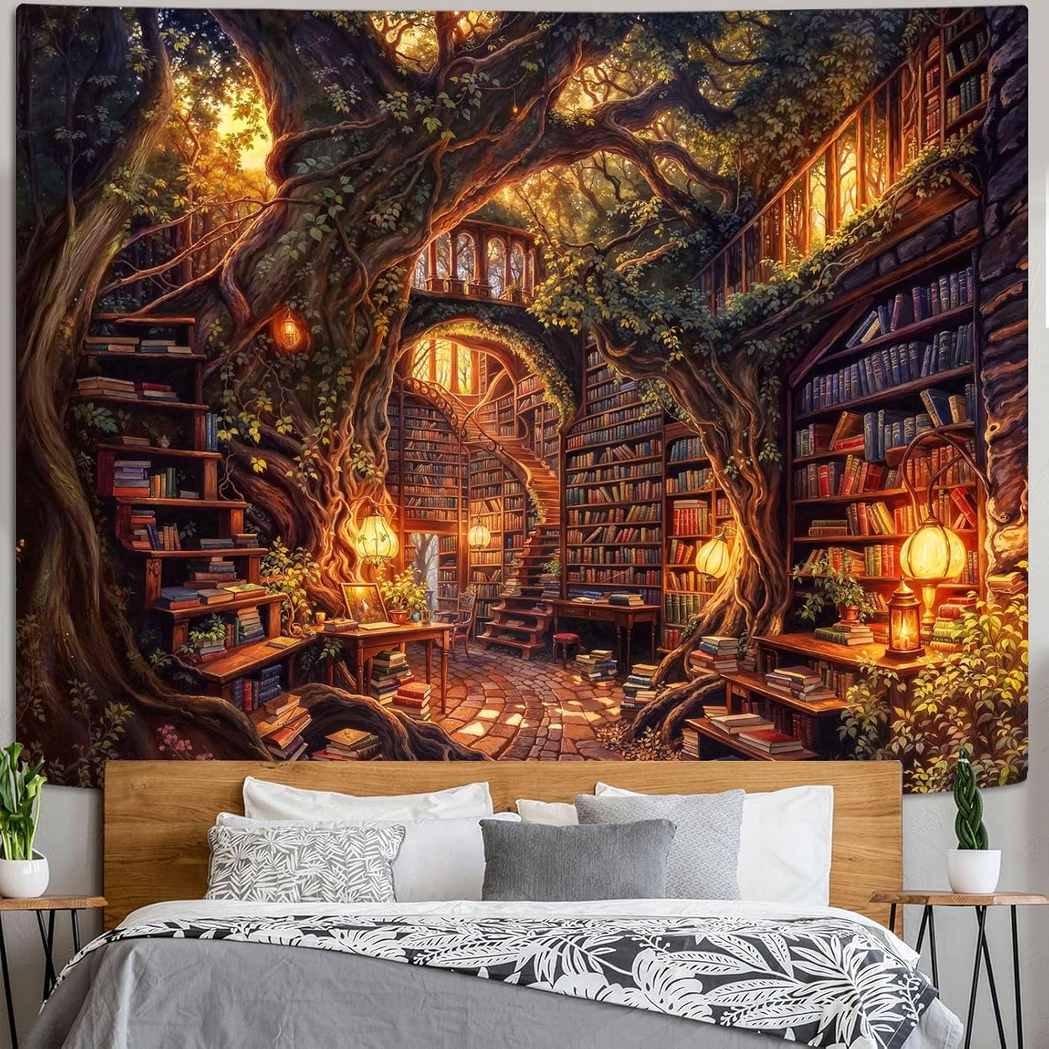 Accnicc Forest Library Tapestry Tree Bookshelf Tapestries Wall Hanging Vintage Fantasy Fairy Treehouse Book Large Tapestry for Bedroom Living Room Dorm Classroom 80 x 60 inch - Image 5