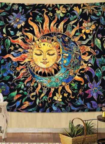 Aipon Sun and Moon Tapestry for Bedroom Boho Hippie Floral Wall Tapestry Aesthetic Vintage Stained Glass Plant Small Tapestries Wall Hanging for Living Room Dorm 48 x 36 Inch