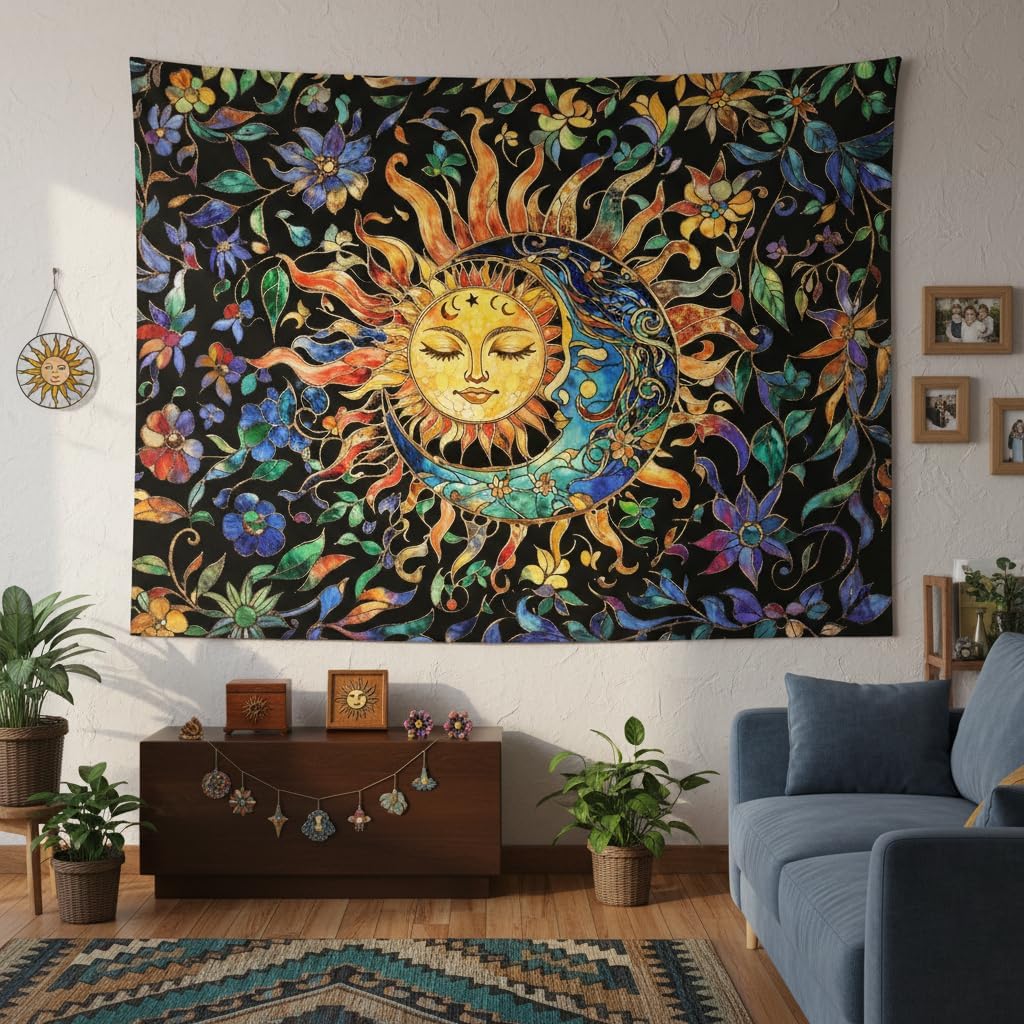 Aipon Sun and Moon Tapestry for Bedroom Boho Hippie Floral Wall Tapestry Aesthetic Vintage Stained Glass Plant Small Tapestries Wall Hanging for Living Room Dorm 48 x 36 Inch - Image 2