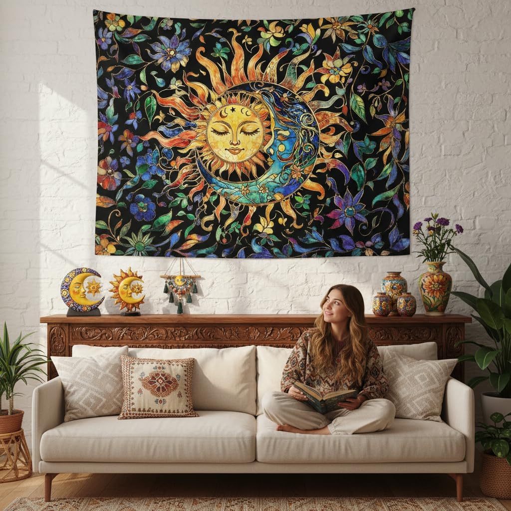 Aipon Sun and Moon Tapestry for Bedroom Boho Hippie Floral Wall Tapestry Aesthetic Vintage Stained Glass Plant Small Tapestries Wall Hanging for Living Room Dorm 48 x 36 Inch - Image 3