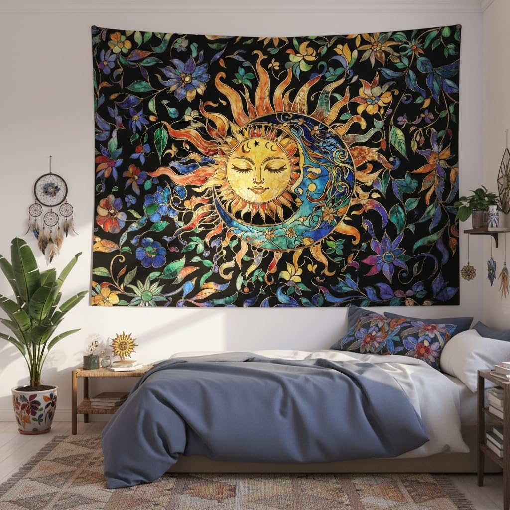 Aipon Sun and Moon Tapestry for Bedroom Boho Hippie Floral Wall Tapestry Aesthetic Vintage Stained Glass Plant Small Tapestries Wall Hanging for Living Room Dorm 48 x 36 Inch - Image 4