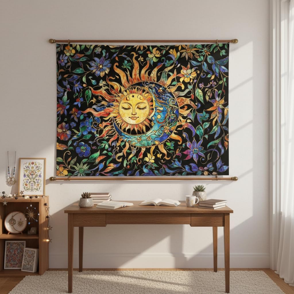 Aipon Sun and Moon Tapestry for Bedroom Boho Hippie Floral Wall Tapestry Aesthetic Vintage Stained Glass Plant Small Tapestries Wall Hanging for Living Room Dorm 48 x 36 Inch - Image 5