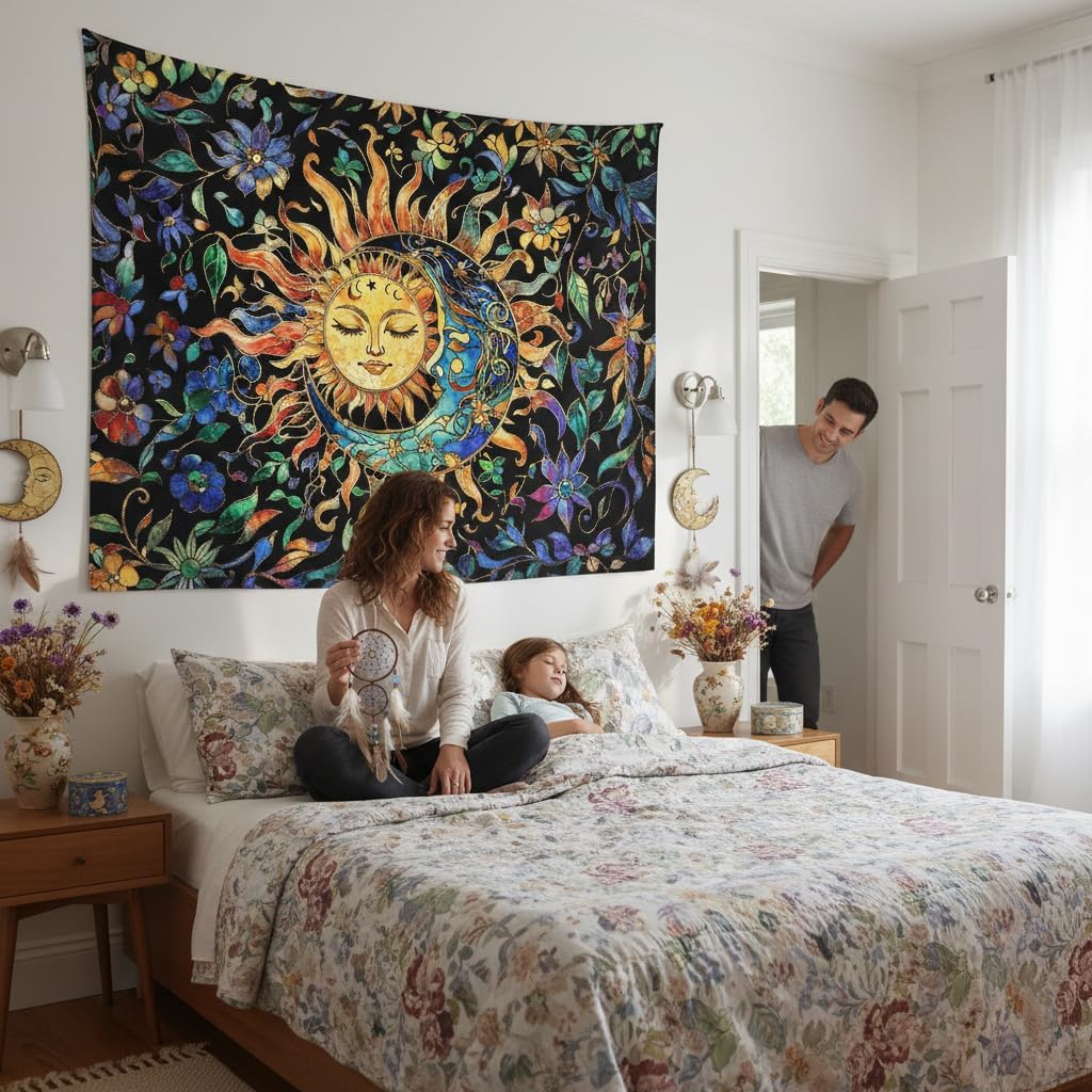 Aipon Sun and Moon Tapestry for Bedroom Boho Hippie Floral Wall Tapestry Aesthetic Vintage Stained Glass Plant Small Tapestries Wall Hanging for Living Room Dorm 48 x 36 Inch - Image 6