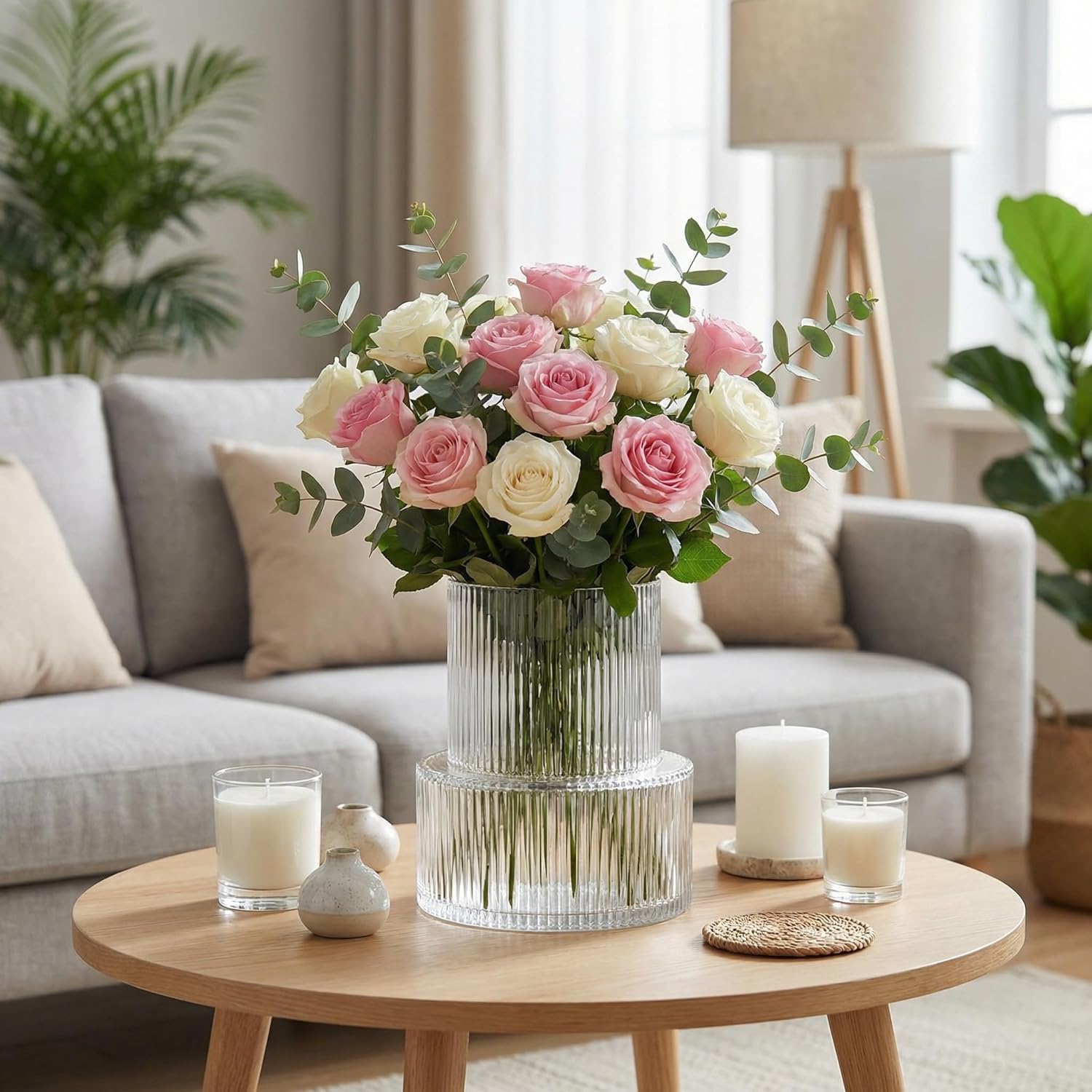 Ribbed Glass Vase, Flower Vase, Fluted Clear Vases for Flowers, Modern Vases for Living Room, Dining Table, Entryway, Shelf, Wedding, Office, Coffee Table, Birthday, 7.5 Inches - Image 2