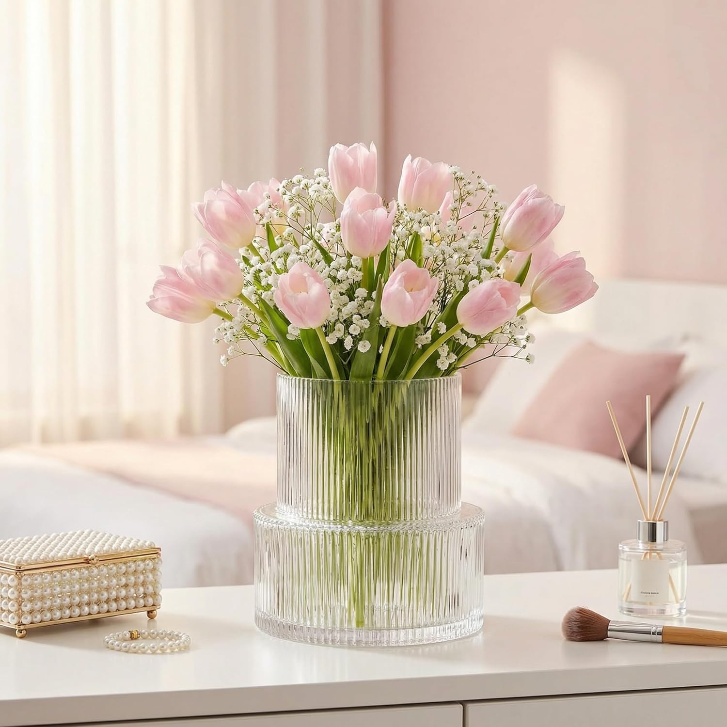 Ribbed Glass Vase, Flower Vase, Fluted Clear Vases for Flowers, Modern Vases for Living Room, Dining Table, Entryway, Shelf, Wedding, Office, Coffee Table, Birthday, 7.5 Inches - Image 4