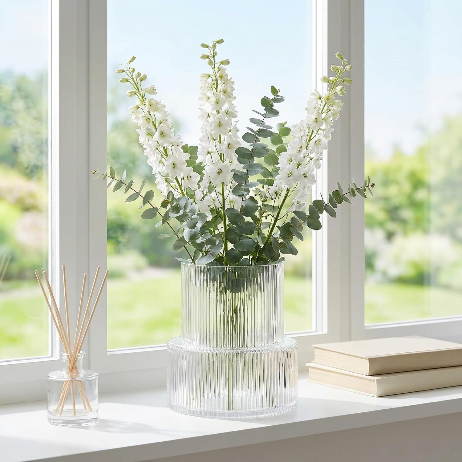 Ribbed Glass Vase, Flower Vase, Fluted Clear Vases for Flowers, Modern Vases for Living Room, Dining Table, Entryway, Shelf, Wedding, Office, Coffee Table, Birthday, 7.5 Inches - Image 7