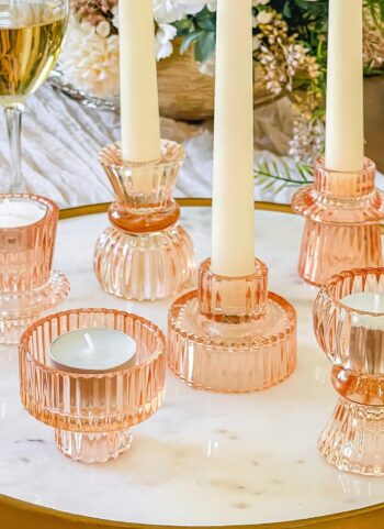 Kate Aspen Glass Taper Candle Holder Set of 6 - Rose Gold Ribbed Vintage Candlestick Votive Pillar Decorative Centerpiece for Dining Table Shelf Decor