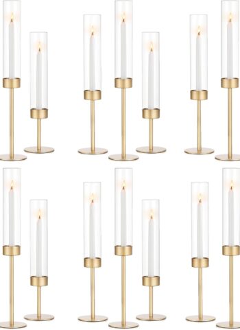Glass Hurricane Candlestick Holders Gold - Romadedi 18 PCS Taper Candle Holder Bulk Tall Clear Glass Cylinder Table Centerpiece Wedding Decor Party Birthday Christmas Home Decorations