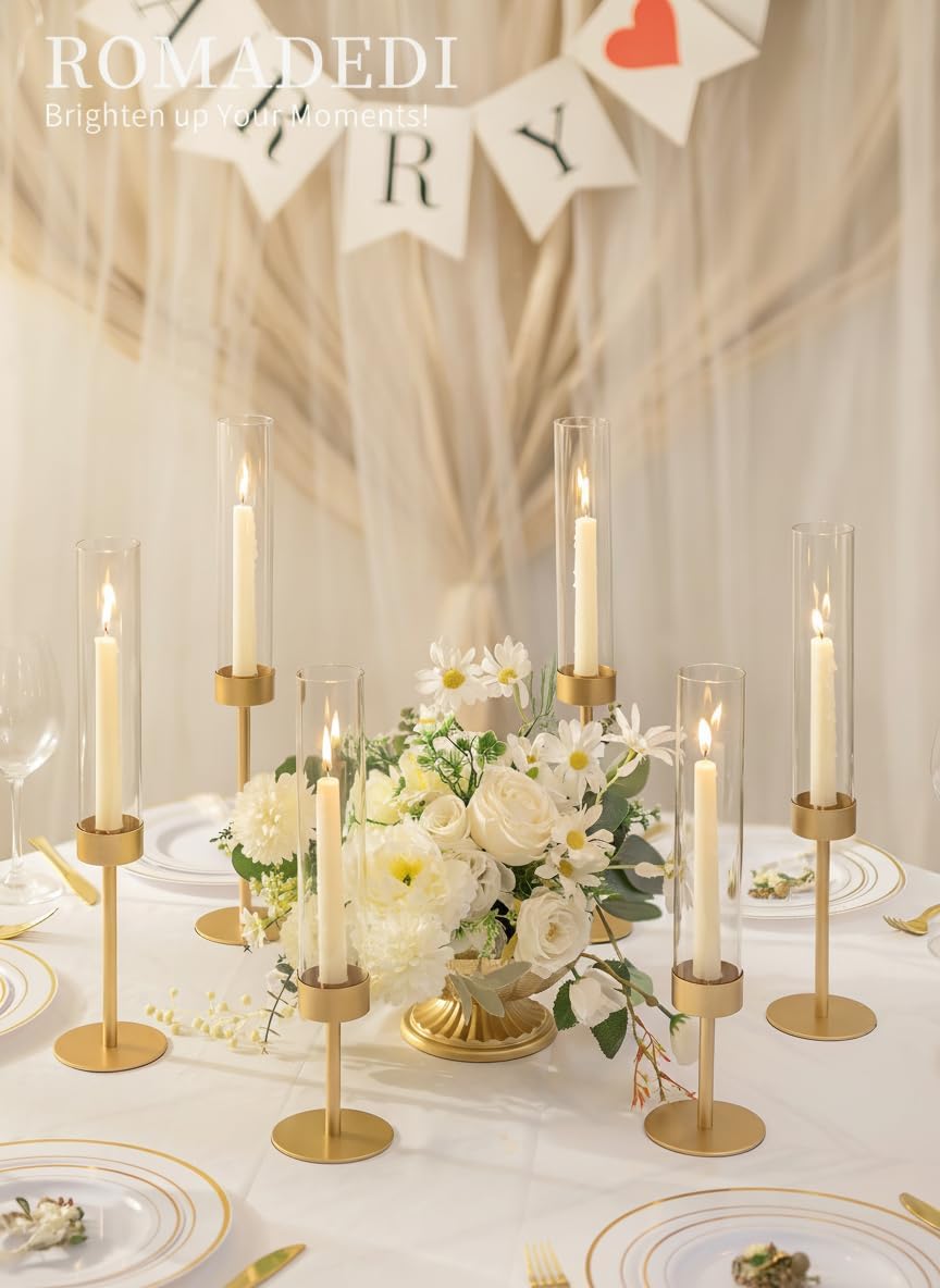Glass Hurricane Candlestick Holders Gold - Romadedi 18 PCS Taper Candle Holder Bulk Tall Clear Glass Cylinder Table Centerpiece Wedding Decor Party Birthday Christmas Home Decorations - Image 3