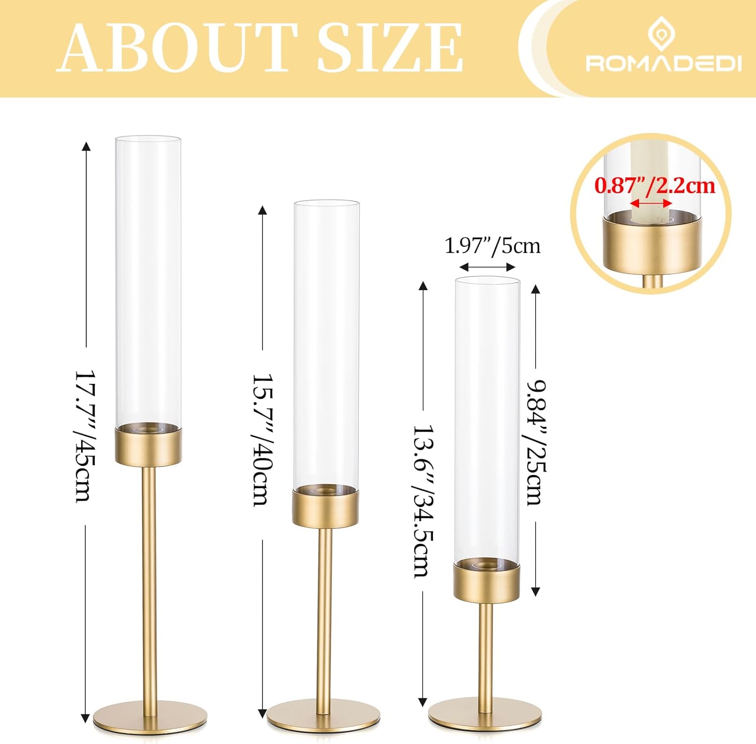 Glass Hurricane Candlestick Holders Gold - Romadedi 18 PCS Taper Candle Holder Bulk Tall Clear Glass Cylinder Table Centerpiece Wedding Decor Party Birthday Christmas Home Decorations - Image 5