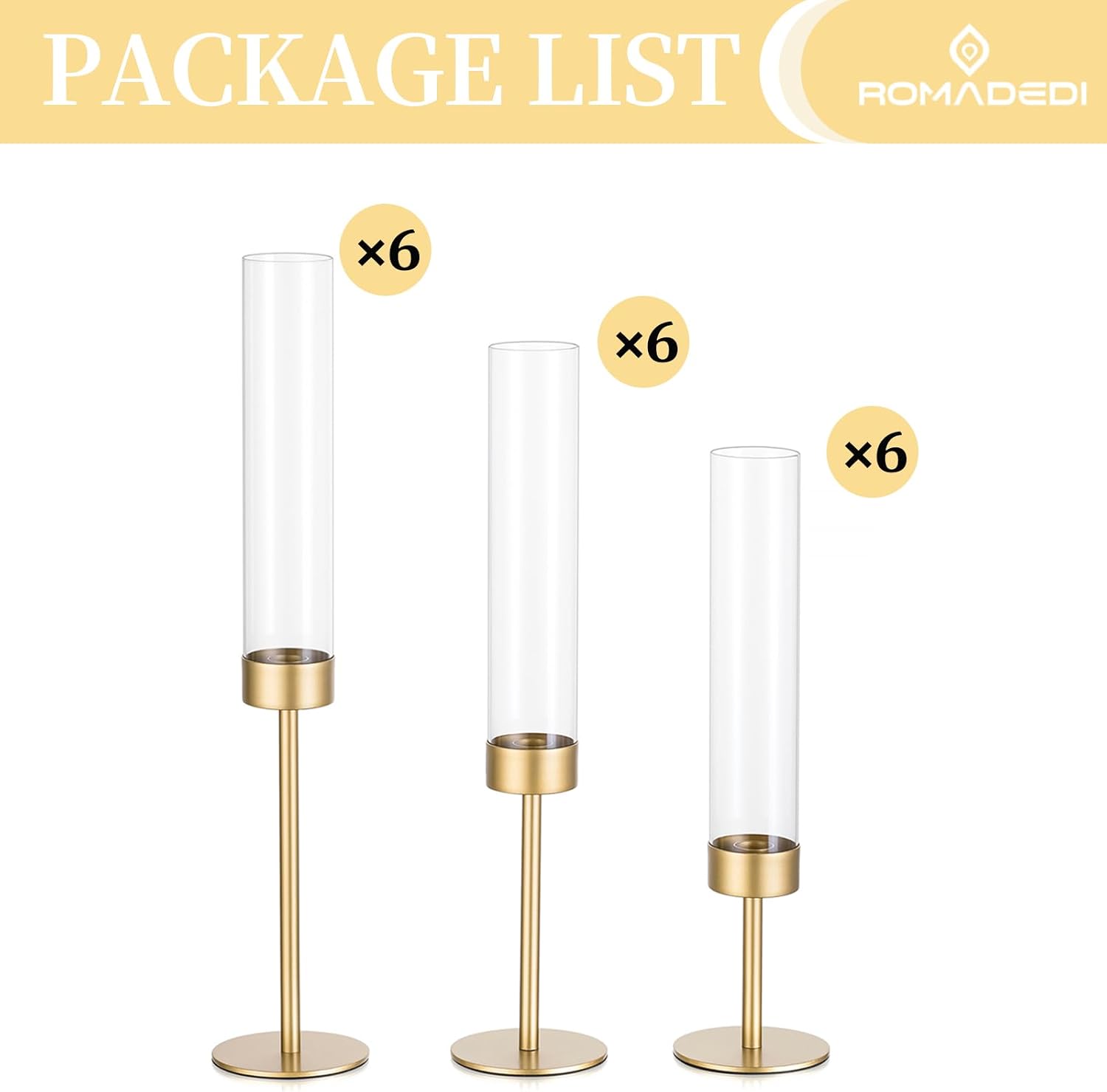 Glass Hurricane Candlestick Holders Gold - Romadedi 18 PCS Taper Candle Holder Bulk Tall Clear Glass Cylinder Table Centerpiece Wedding Decor Party Birthday Christmas Home Decorations - Image 7