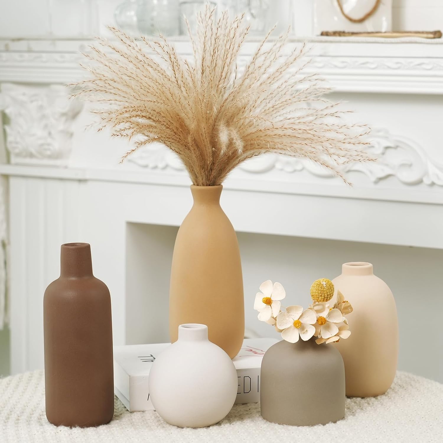Modern Ceramic Vase Set of 5, Vases Home Decor Rustic Farmhouse Decorative | Vase Pottery Vases for Bouquet Pampas Grass Dried Fresh Flowers, Table Living Room Kitchen Bedroom - Image 2