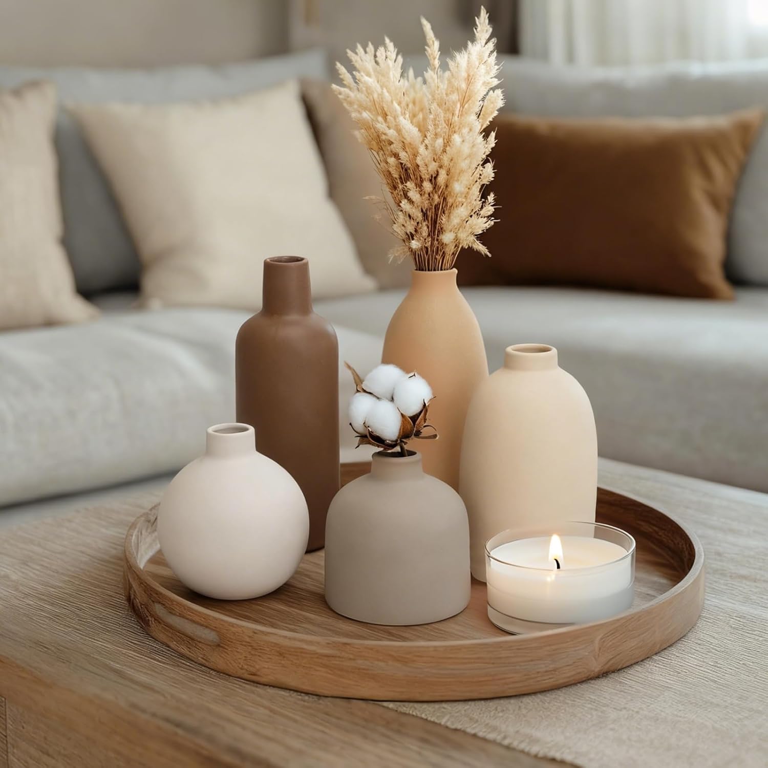 Modern Ceramic Vase Set of 5, Vases Home Decor Rustic Farmhouse Decorative | Vase Pottery Vases for Bouquet Pampas Grass Dried Fresh Flowers, Table Living Room Kitchen Bedroom - Image 4