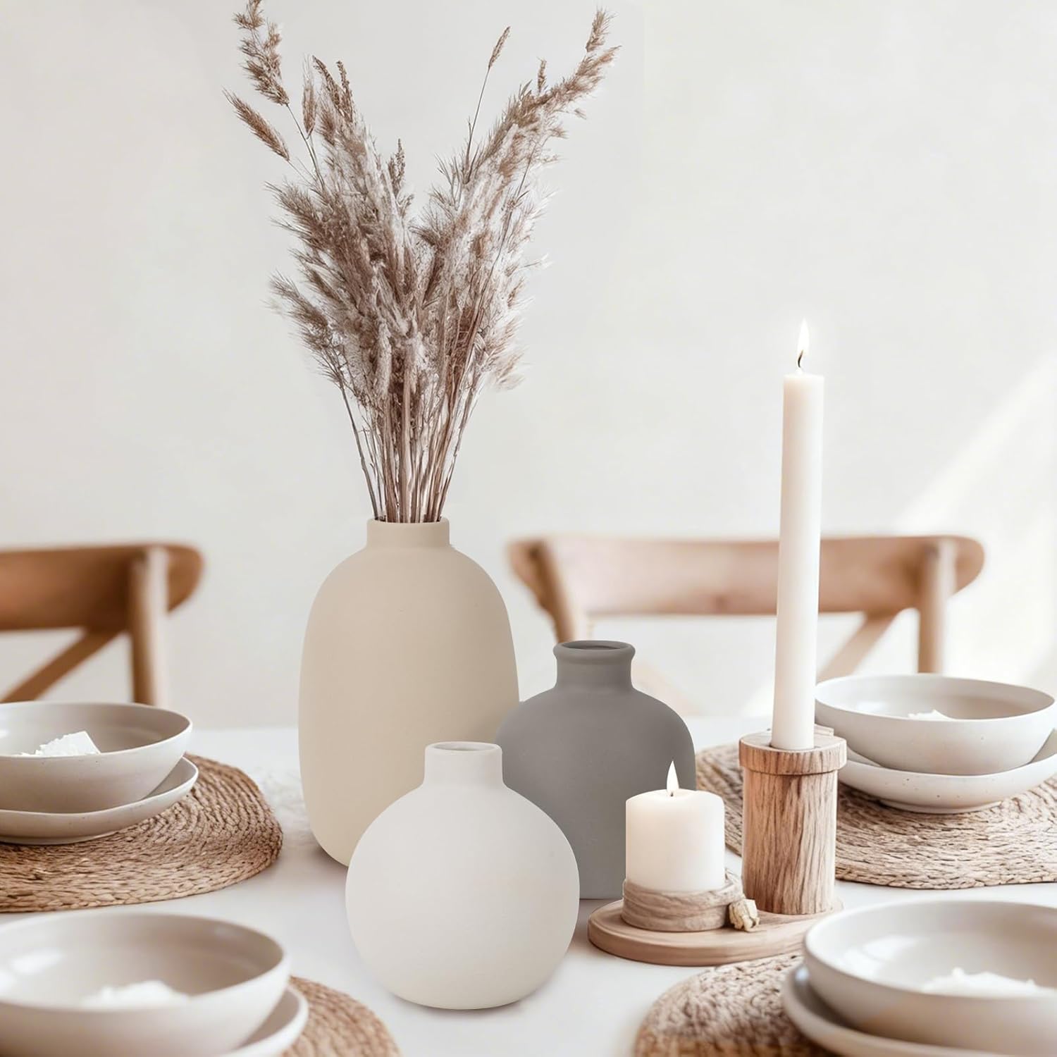 Modern Ceramic Vase Set of 5, Vases Home Decor Rustic Farmhouse Decorative | Vase Pottery Vases for Bouquet Pampas Grass Dried Fresh Flowers, Table Living Room Kitchen Bedroom - Image 5