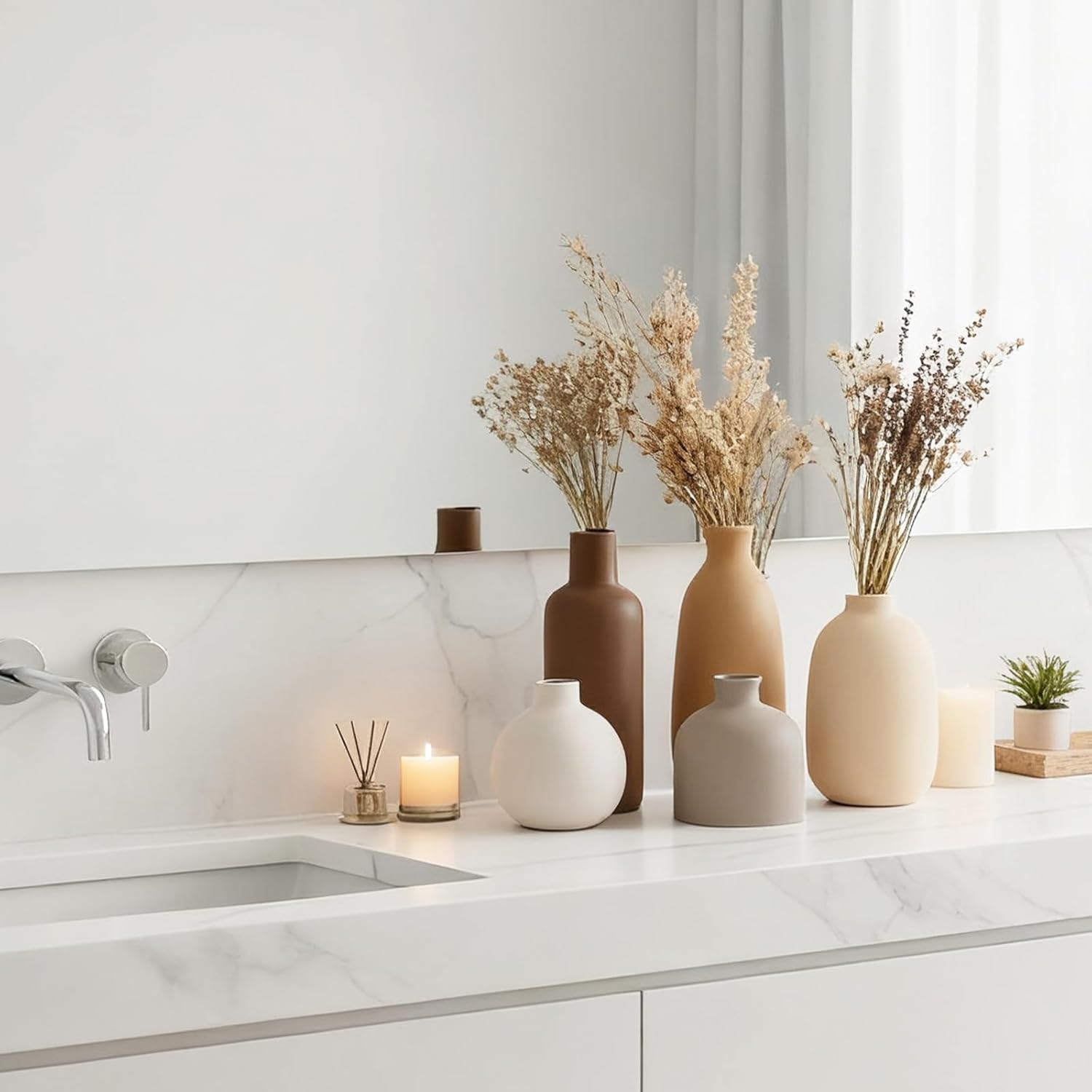 Modern Ceramic Vase Set of 5, Vases Home Decor Rustic Farmhouse Decorative | Vase Pottery Vases for Bouquet Pampas Grass Dried Fresh Flowers, Table Living Room Kitchen Bedroom - Image 6